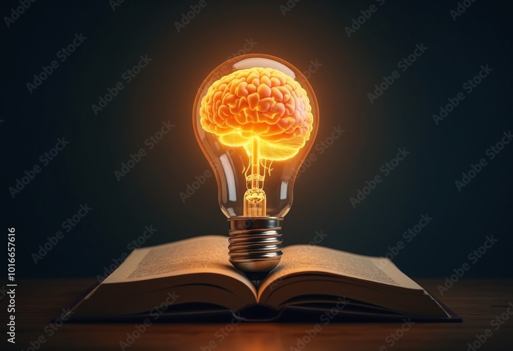 Aufkleber creative concept of a glowing brain in a light bulb, resting on a book, symbolizing inspiration and 