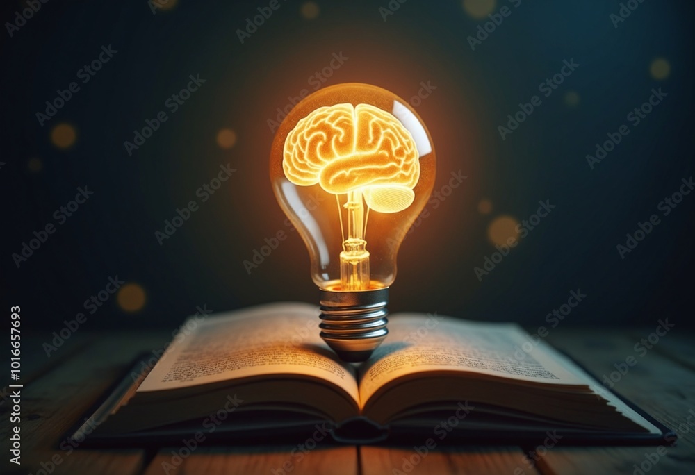 Poster creative concept of a glowing brain in a light bulb, resting on a book, symbolizing inspiration and 