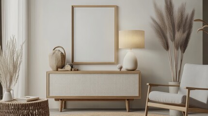 Stylish living room interior with neutral furnishings, mock up poster frame, gray armchair, rattan sideboard, lamp, and personal accessories. Home decor template for customization.