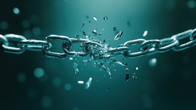 A dramatic shot of a chain shattering into pieces, representing breaking free, strength, and transformation, depicted with vivid clarity in an intense abstract style.