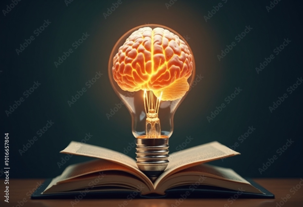 Poster creative concept of a glowing brain in a light bulb, resting on a book, symbolizing inspiration and 