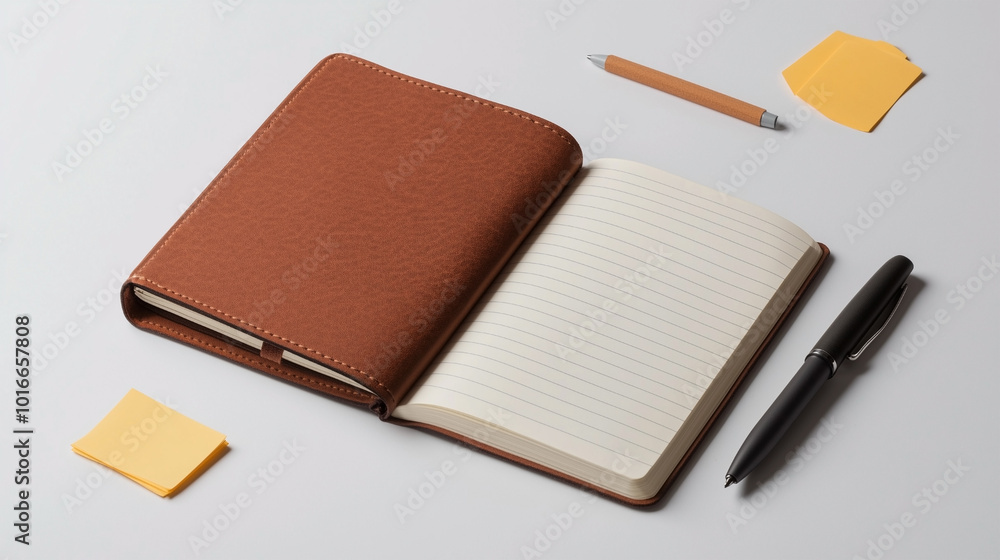 Poster a notebook with a pen and a yellow sticky note on it