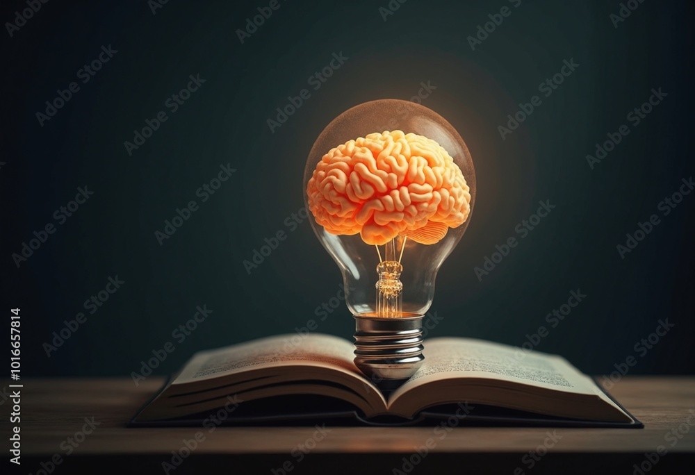 Poster creative concept of a glowing brain in a light bulb, resting on a book, symbolizing inspiration and 