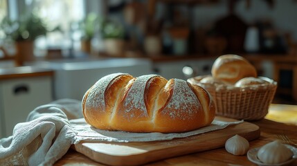 Loaf of bread with sesame seeds on top. There are also some other loaves of bread on the table. bread in kitchen. lifestyle