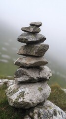 A serene stack of stones on a misty landscape, symbolizing balance and tranquility in nature.