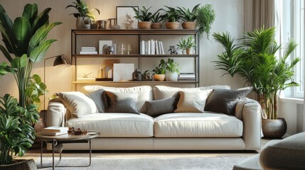 Stylish living room with plush sofa, sleek shelving unit, lush houseplants, and warm lamps.