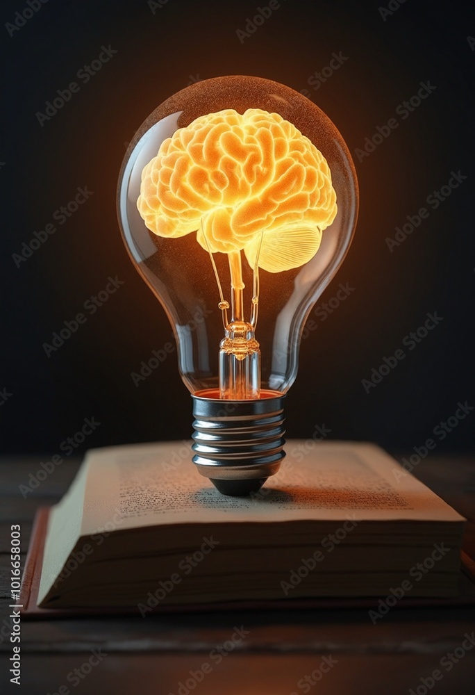 Poster creative concept of a glowing brain in a light bulb, resting on a book, symbolizing inspiration and 