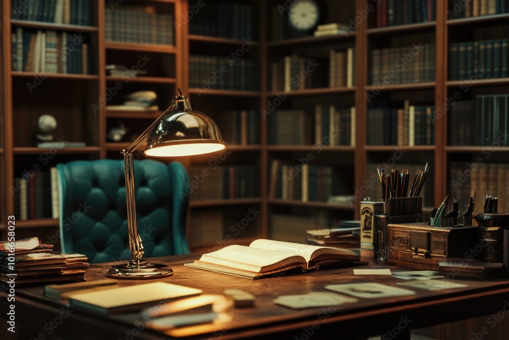 Poster study desk with a lamp and an open book, ideal for home office or library setting.