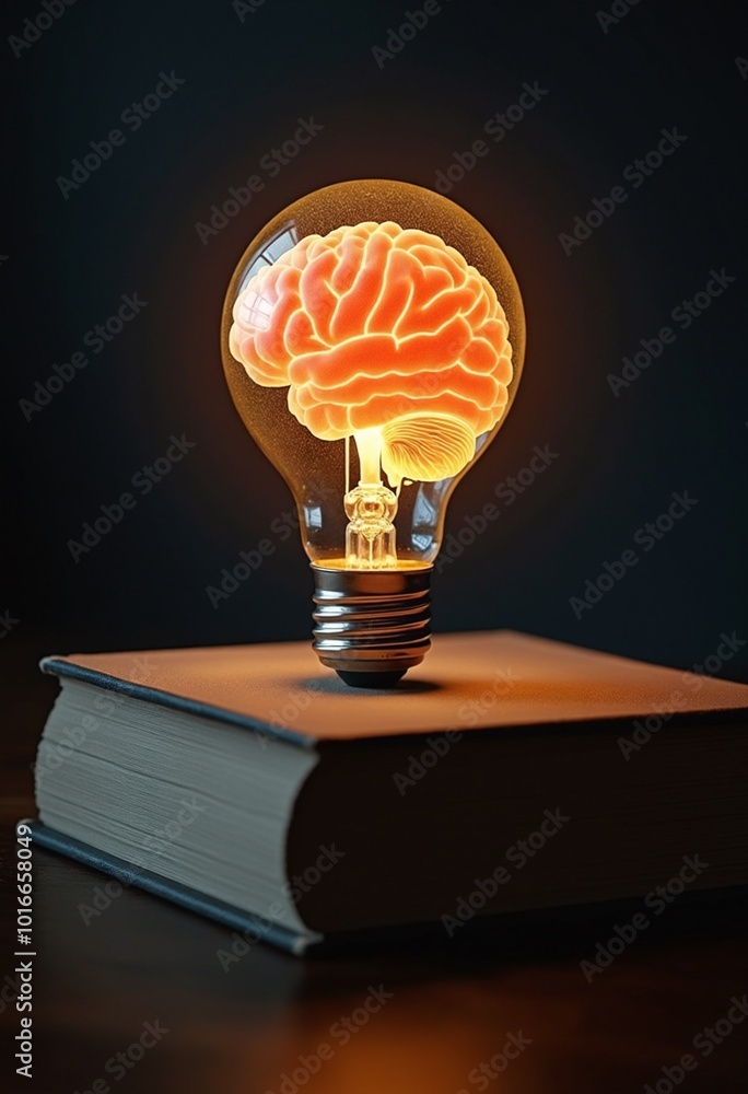 Poster creative concept of a glowing brain in a light bulb, resting on a book, symbolizing inspiration and 