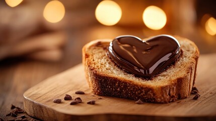 A slice of bread topped with a heart-shaped chocolate spread, set on a wooden board.