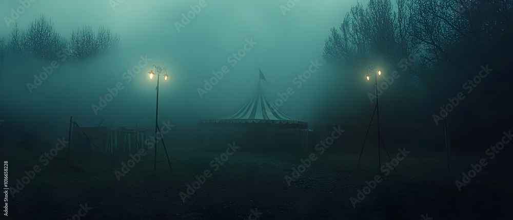 Poster haunting and unsettling imagery of an abandoned circus grounds shrouded in mysterious fog and ominou