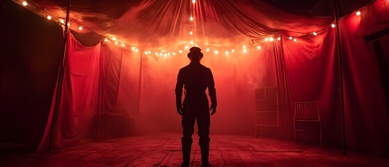 Haunted and Mysterious Circus Sideshow with Eerie Performers Silhouetted in Dramatic Red Lighting and Fog Copy Space for Text