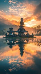 A serene temple silhouette at sunset, reflecting in still water, surrounded by mist and vibrant colors, creating a peaceful atmosphere.