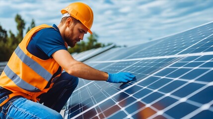 A man in an orange hard hat and safety vest working on a solar panel