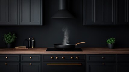A modern kitchen featuring sleek black cabinetry, a wooden countertop, and steam rising from a frying pan.