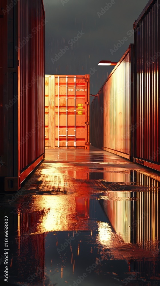 Poster a serene view of a shipping container pathway illuminated by warm light, reflecting on a wet surface