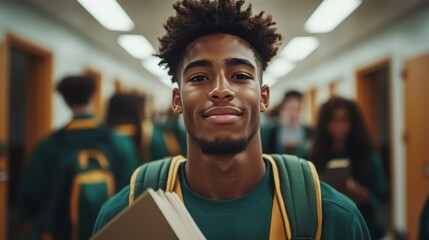 A confident student holding a book stands smiling in a bustling school hallway, representing optimism and readiness to embrace educational challenges.