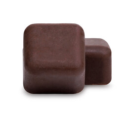 Chunk of chocolate bar with rich cocoa texture homemade, cocoa mass isolated on white background