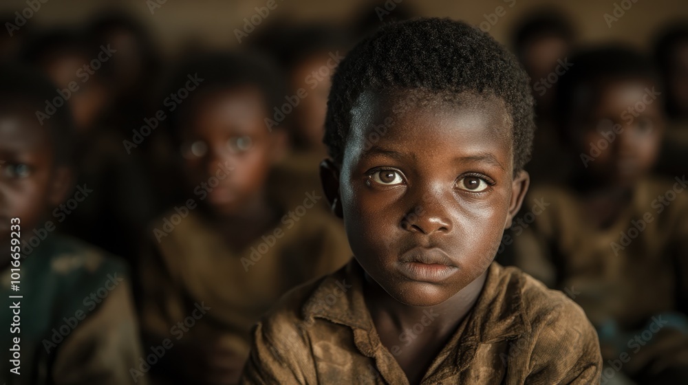 Poster a young student with a serious expression gazes directly at the camera, seated firmly in a rustic cl