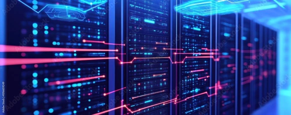 Poster detailed view of a modern server room with illuminated data connections, showcasing technology and d