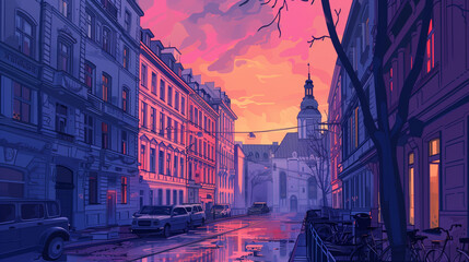 Naklejka premium European City Street Sunset Dusk Urban Landscape