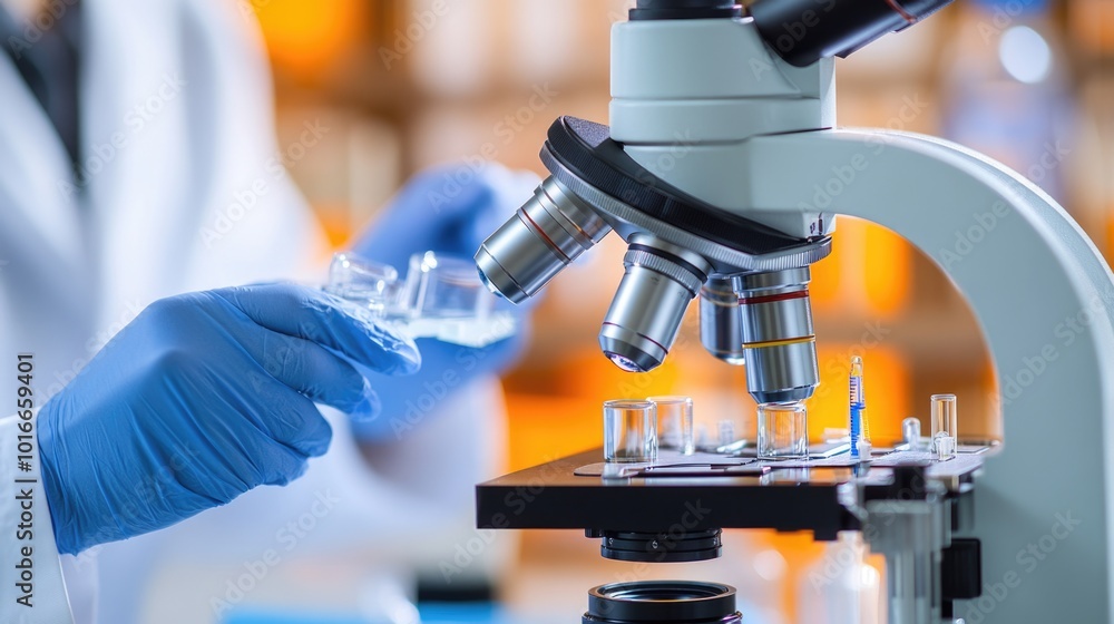 Aufkleber A scientist in a lab coat examines a microscope in a laboratory setting.