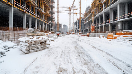Snow-covered construction site with cranes and building materials near partially constructed buildings.