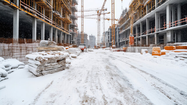 Snow-covered construction site with cranes and building materials near partially constructed buildings.