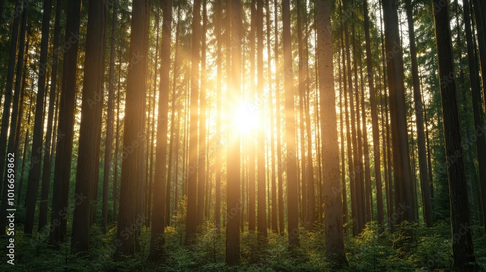 Poster the image captures the enchanting scene of sunlight piercing through tall forest trees at dawn, crea