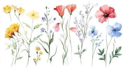 Obraz premium A collection of colorful wildflowers in a botanical illustration style.