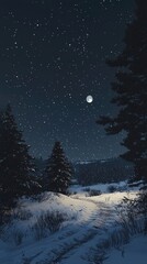 A serene winter night scene featuring snow-covered trees under a starry sky and a bright moon illuminating the landscape.