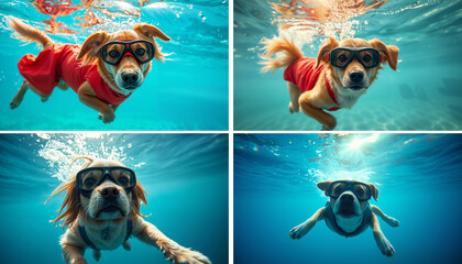 dog in diving mask scuba diving underwater
