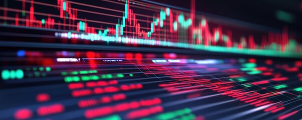 Fototapeta premium Futuristic financial chart showcasing stock market trends with vibrant red and green indicators on a dark background.