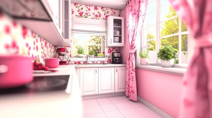 Bright and Airy Minimal Kitchen with Floral Accents and Large Windows for Natural Light