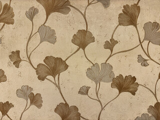Golden classic wallpaper in floral and leaves foliage pattern, flower shape and curves branches, feminine and European classi wall covering theme. Seamles background texture. © TMR Studio