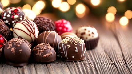 Obraz premium Festive Chocolate Treats on Wooden Table with Warm Holiday Lighting