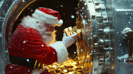 Santa Claus is joyfully depositing gifts into bank vault filled with gold coins, surrounded by snowy atmosphere. scene captures festive spirit and magic of giving during holiday season