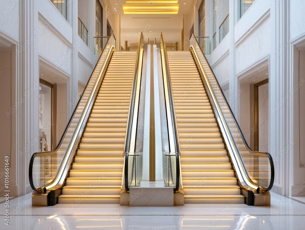 Poster elegant escalators in a modern atrium, illuminated with soft lighting, create a sophisticated atmosp