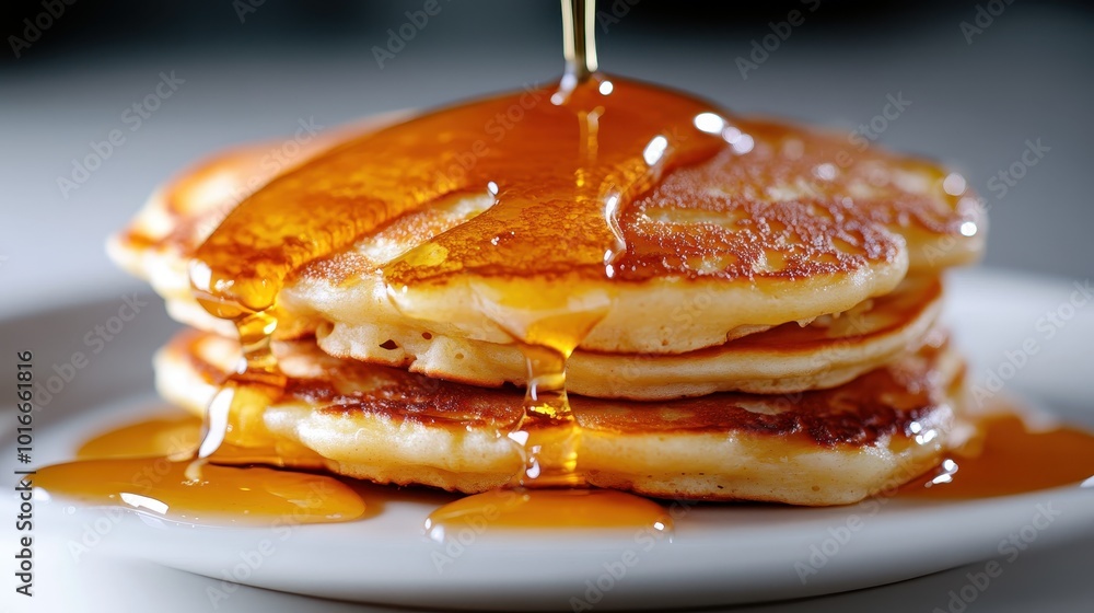 Poster a delectable stack of pancakes being generously covered in syrup, creating an appetizing scene. the 