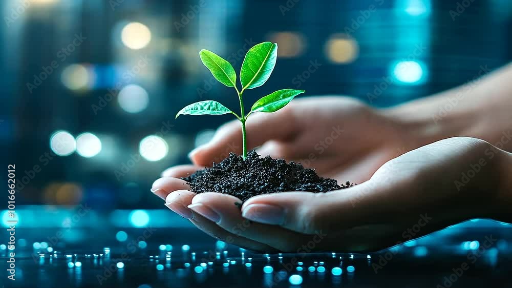 Poster hands cupping a tiny tree sprouting from a zero symbol, representing net zero emissions, with a clea