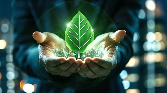Hands gently cradling a glowing green icon of a leaf with a zero inside, symbolizing net zero emissions, with a modern cityscape in the background