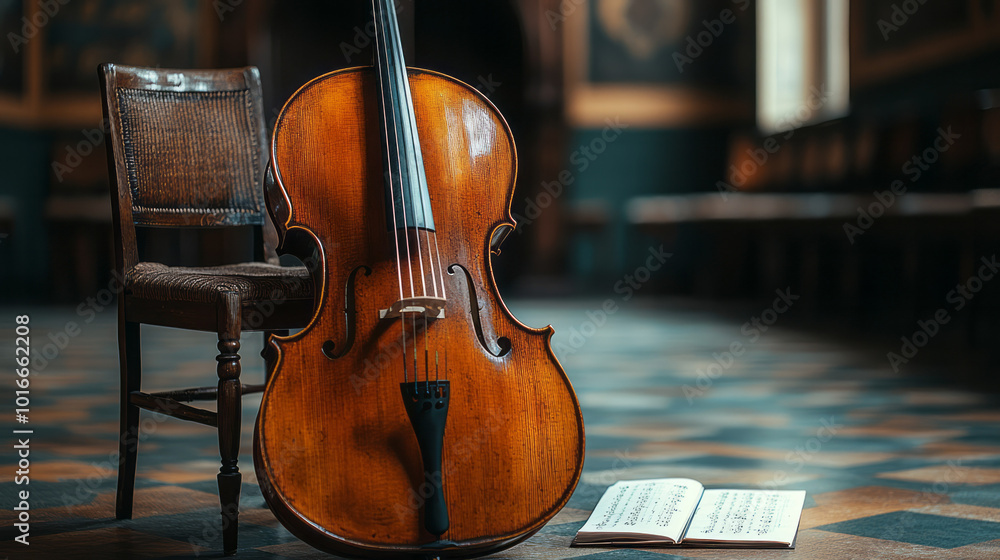 Aufkleber a cello resting against a chair in an empty rehearsal room,