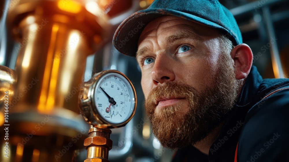 Poster a mechanical engineer in a cap scrutinizes a gauge onsite, emphasizing hands-on expertise within a b