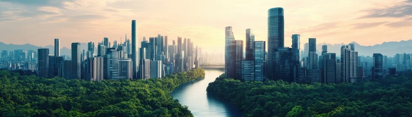 Fototapeta premium A stunning view of an urban skyline at sunset, with vibrant colors reflecting on the river and greenery nearby.