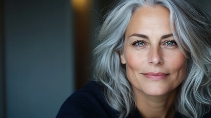A captivating portrait of an elegant mature woman with vibrant gray hair, exuding confidence and poise. Her serene expression adds depth to the imagery's beauty.