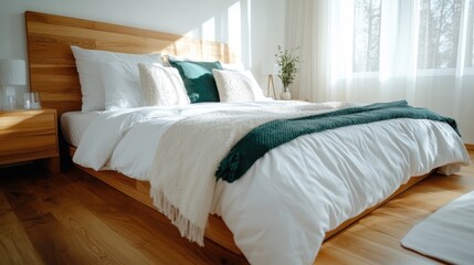 A modern and cozy bedroom, furnished with wooden accents and soft textiles, is bathed in natural light, creating an inviting and serene atmosphere for rest.