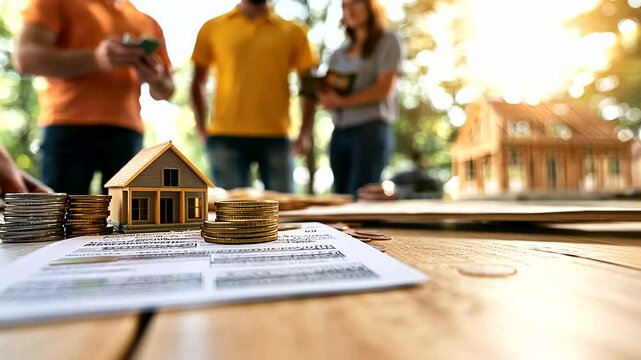 The table is set with various real estate investment items, including a miniature house, coins, and documents
