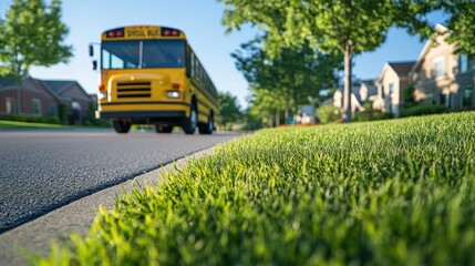 Obraz premium A yellow school bus traveling down a quiet suburban street with green lawns and trees, symbolizing education and daily commutes.