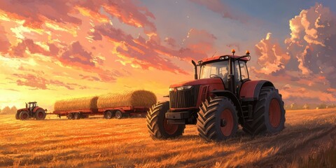 Fototapeta premium Tractor Sunset Field.