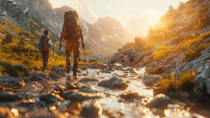 Family Hiking Adventure in Scenic Mountain Landscape at Sunset - Embracing Nature and Happiness Together